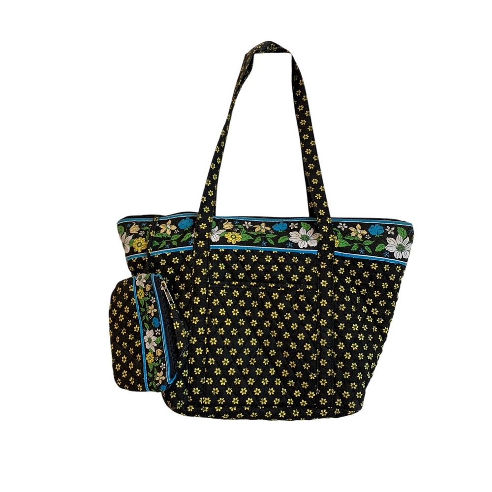 Tote Handbag with Attached Zip Change Purse Black with Yellow Flowers Quilted Co